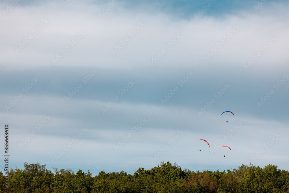 three paragliders in a blue sky over a green forest three paragliders in a blue sky over a green forest