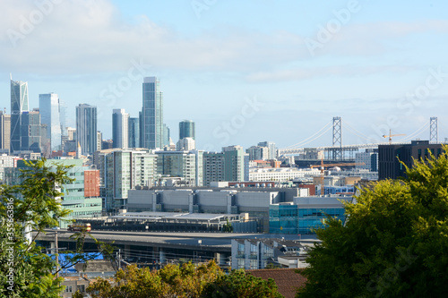 San Francisco California USA - August 17, 2019: San Francisco city skyline panorama viewed from Potrero Hill on the crossing of Texas street and 19th street