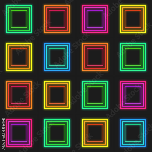 Neon squares on a black background. Seamless pattern, texture. Illustration.