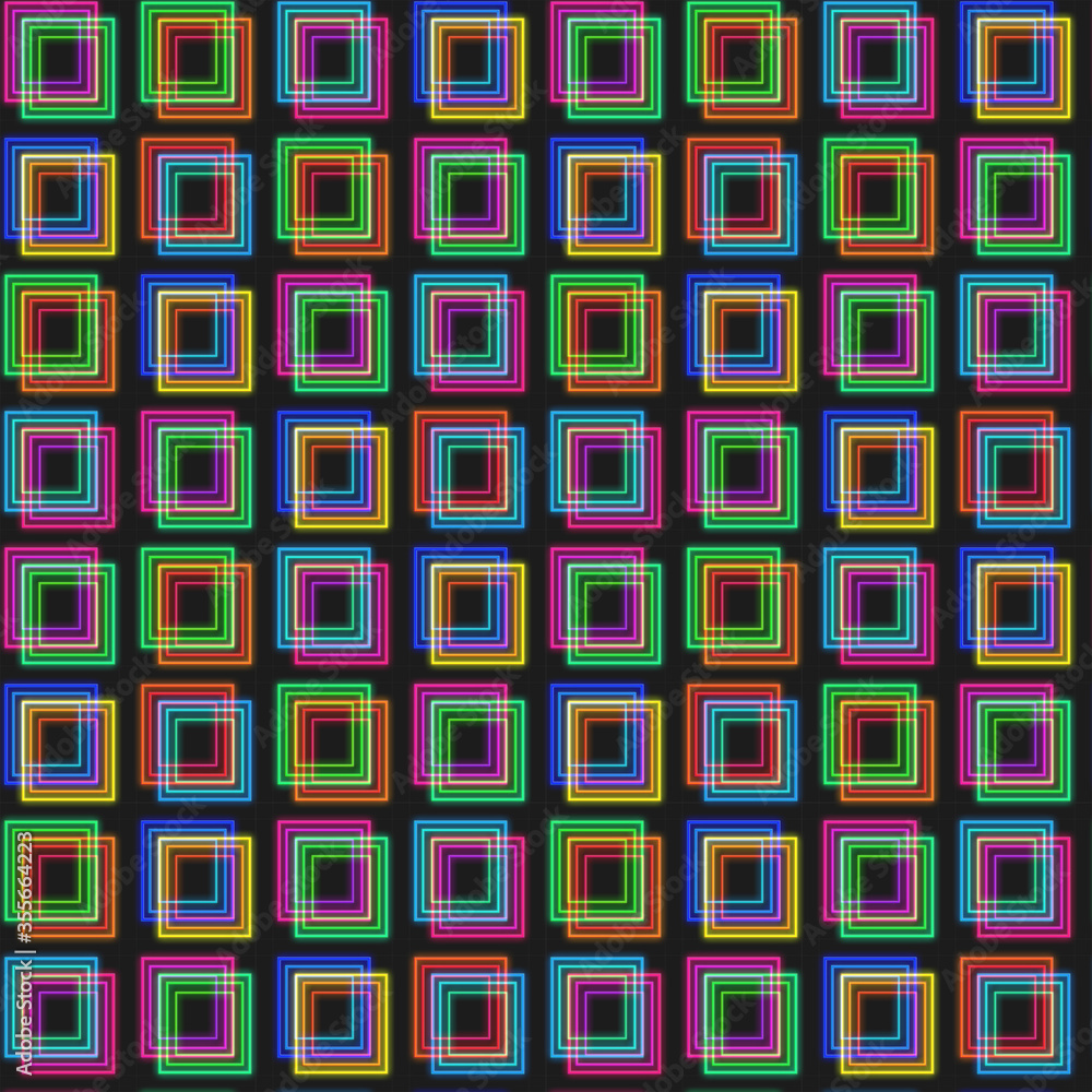 Neon squares on a black background. Seamless pattern, texture. Illustration. Neon squares on a black background. Seamless pattern, texture. Illustration.