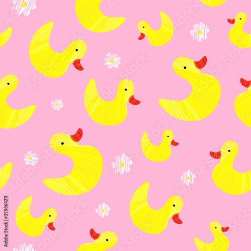 Cartoon yellow duck toys pattern. Children illustration. Design for posters, cards, prints, background. Elements for kids room.