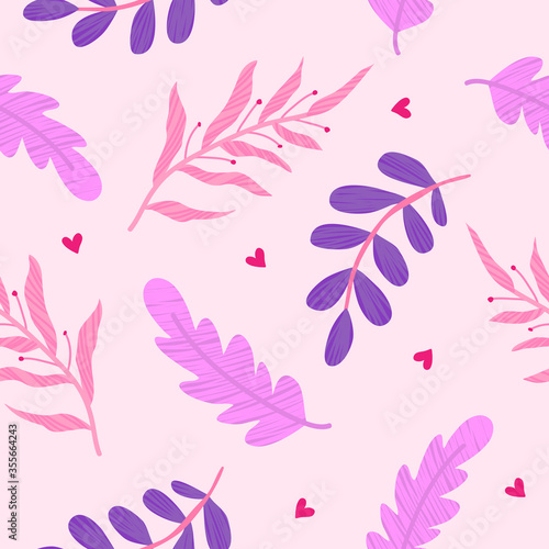 Vector seamless pattern of doodle flowers and hearts. Floral pattern. Spring background.