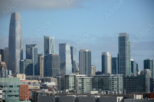 San Francisco California USA - August 17  2019  San Francisco city skyline panorama viewed from Potrero Hill on the crossing of Texas street and 19th street