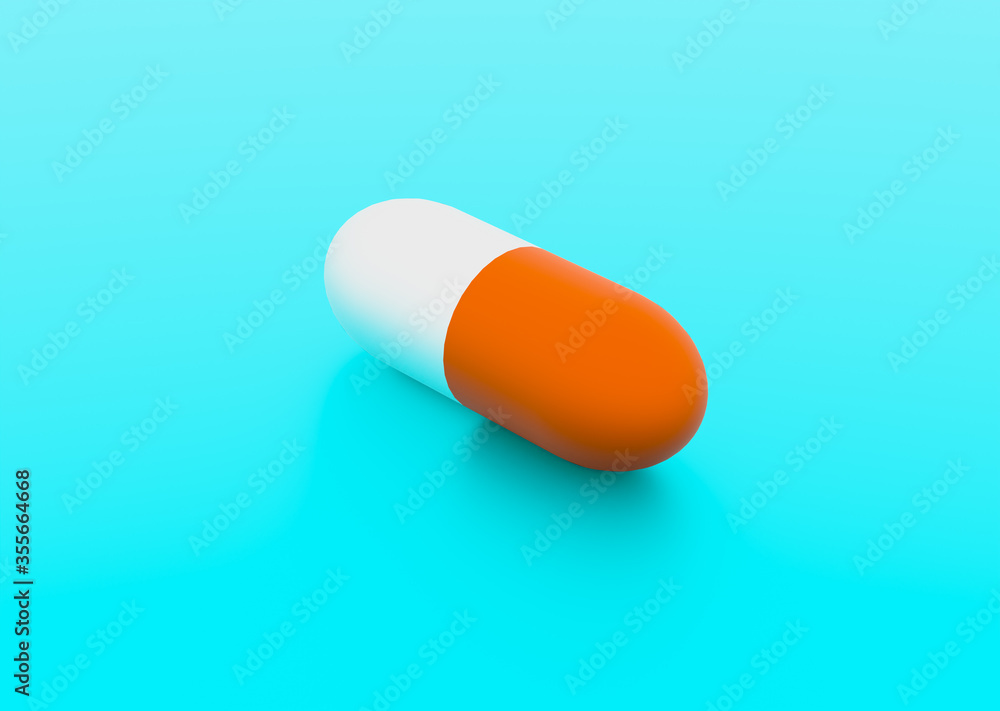 white-orange capsule pill on a blue background. rendered in 3d. white-orange capsule pill on a blue background. rendered in 3d.