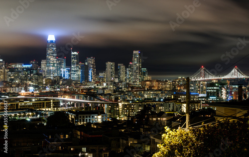 San Francisco California USA - August 17  2019  San Francisco city skyline panorama at night viewed from Potrero Hill on the crossing of Texas street and 19th street