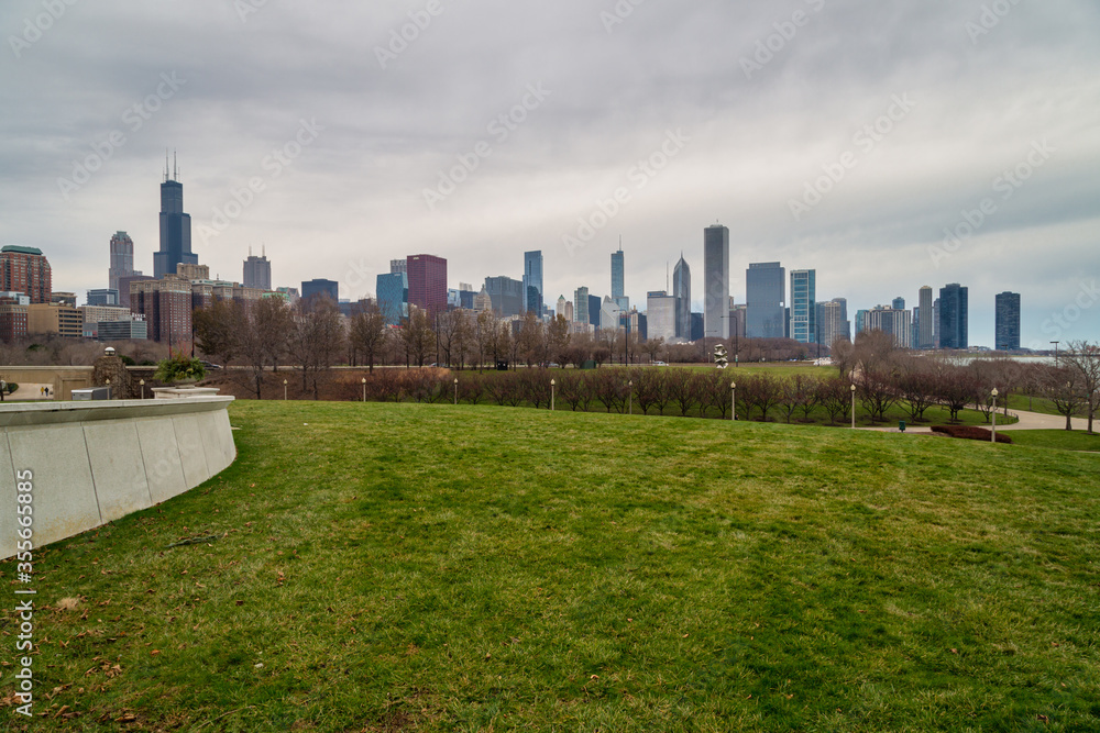 Chicago Skyline  from the lawn at the Field Museum daylight view with clouds in the sky