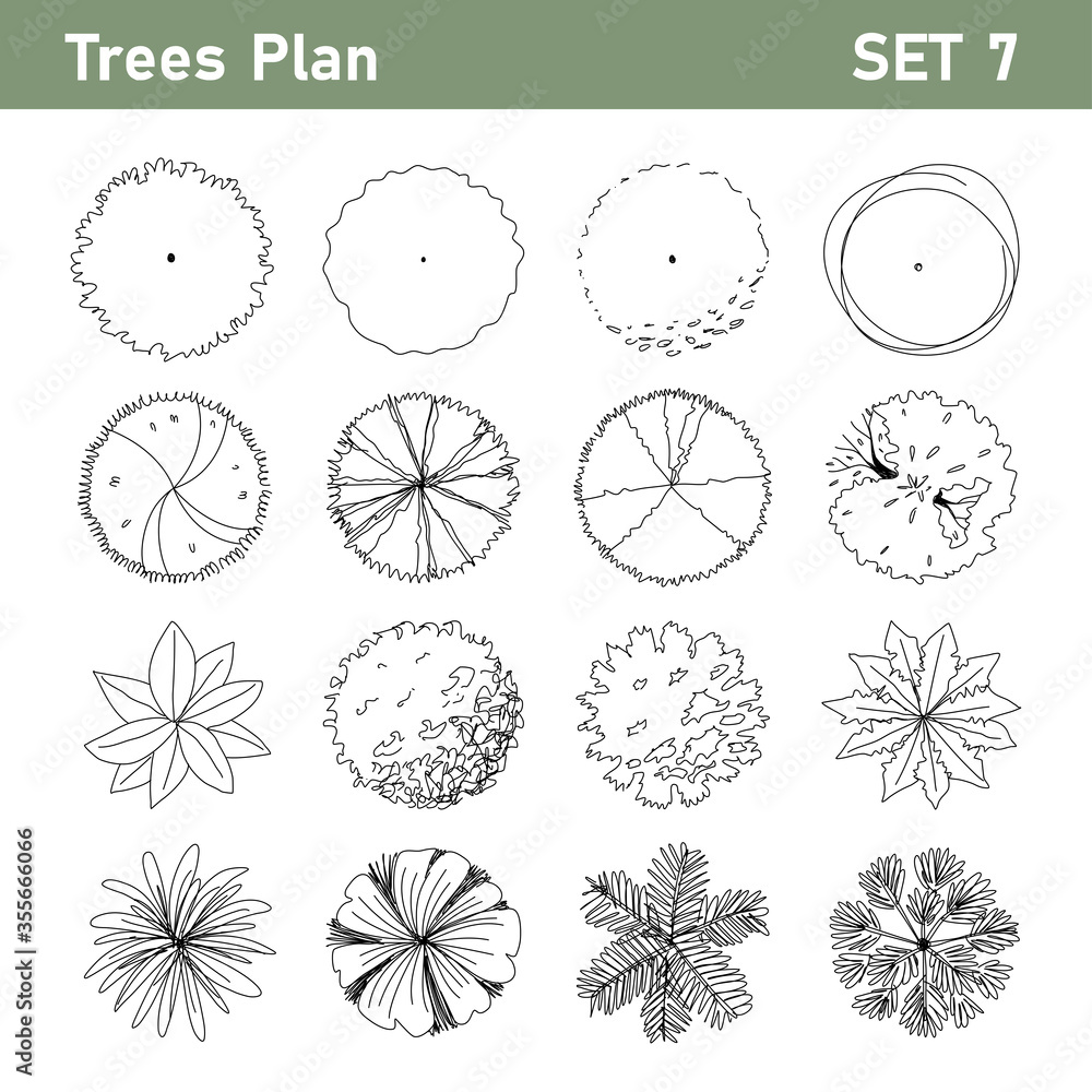 Tree top, tree plan - free hand drawn doodle top view trees for landscape  plan. Can change the stroke line