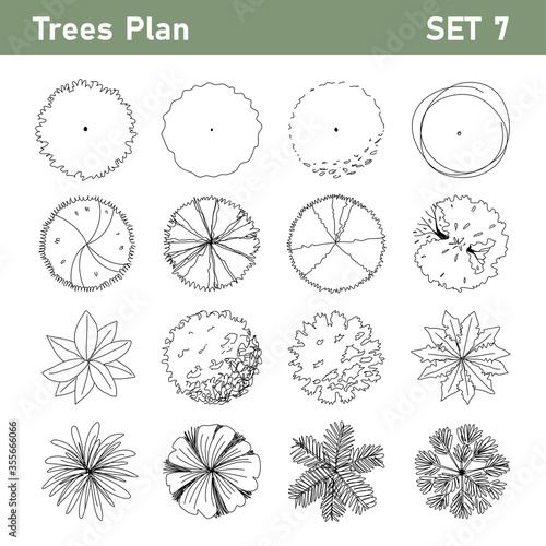 Tree top, tree plan - free hand drawn doodle top view trees for landscape  plan. Can change the stroke line