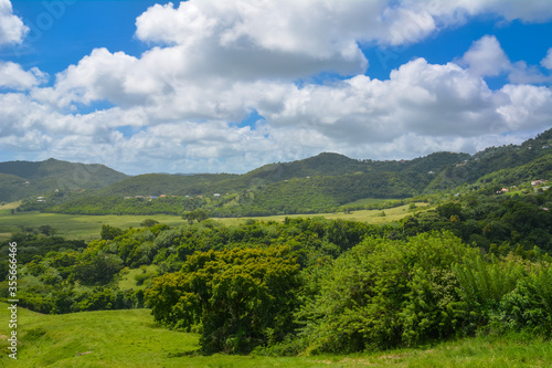 Scenic view over peaceful green prairies and fields from the top of a mountain in Martinique West Indies. Blue sky  white clouds. Copy space