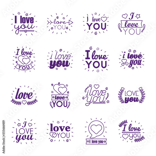 I love you texts line style icon set vector design