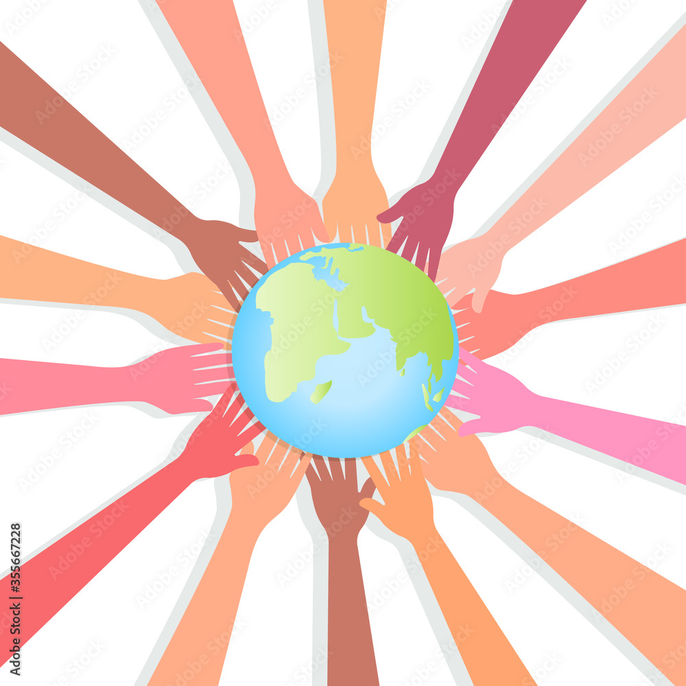 Hands with different skin colors together hold the planet earth. Vector illustration, flat cartoon design, eps 10. Hands with different skin colors together hold the planet earth. Vector illustration, flat cartoon design, eps 10.