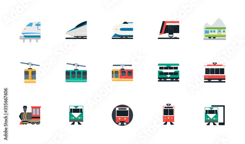 Rail transportation vector icons set. Railway, Railroad, Train Transport collection. Isolated Locomotive, High Speed, Passenger, Freight Train, Monorail, Tram, Subway, Cable Car icons pack