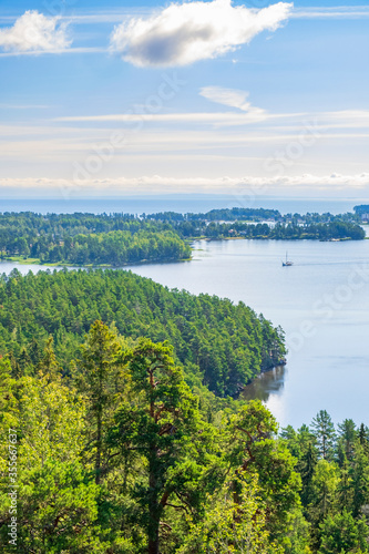 Aerial view of an archipelago with wooded islands in Sweden