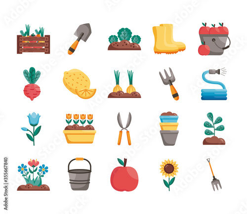 Gardening detail style icon set vector design