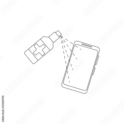 Icon processing a cell phone with an antiseptic, antimicrobial agent. Concept: epidemic, virus, prevention, coronavirus, hygiene, cleansing, microbe, pollution, bacteria, threat, pandemic, gadget care