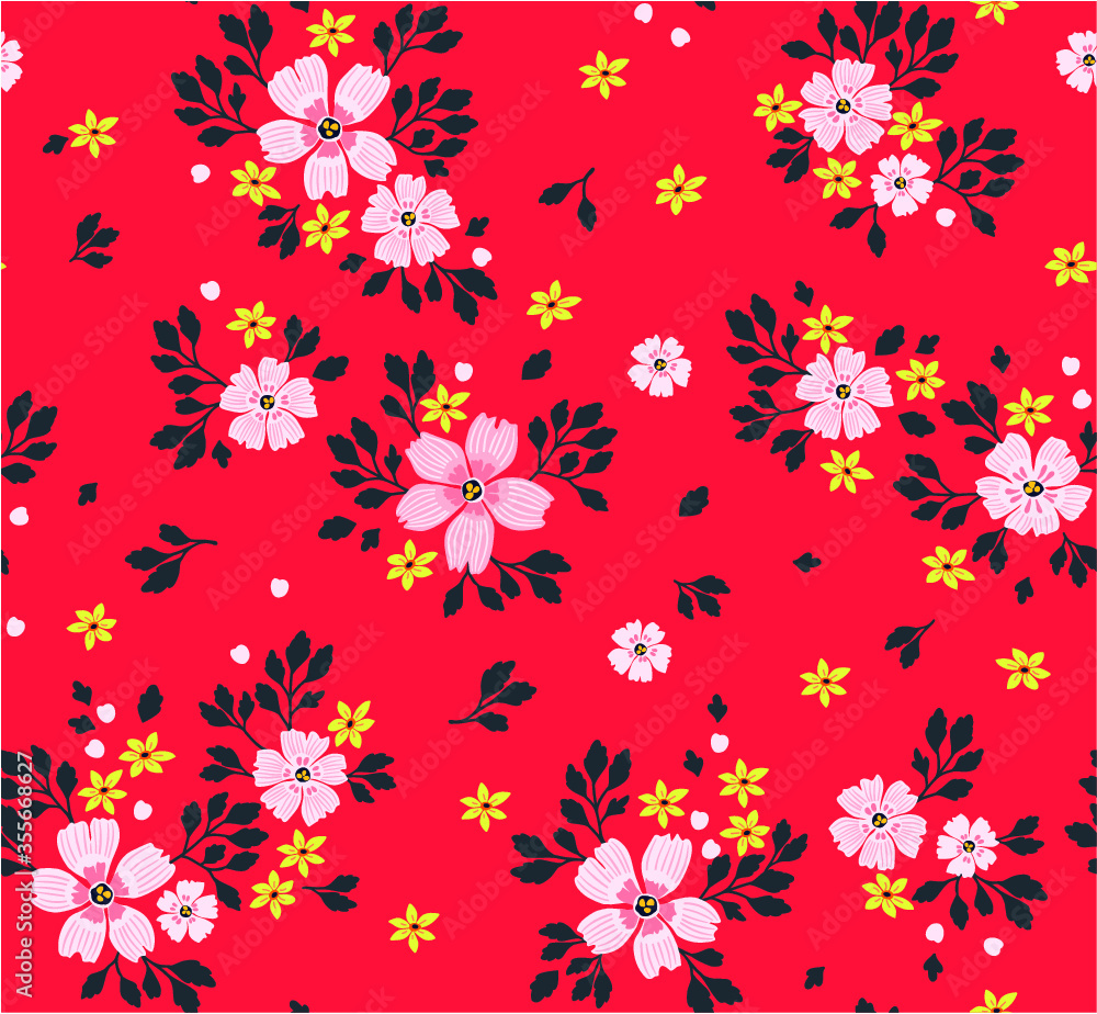 Trendy seamless vector floral pattern. Endless print made of small pink flowers, leaves and berries. Summer and spring motifs. Bright Red background.Vector illustration. Trendy seamless vector floral pattern. Endless print made of small pink flowers, leaves and berries. Summer and spring motifs. Bright Red background.Vector illustration.