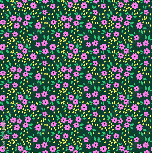 Floral background with small  flowers. Memphis style. Vector seamless pattern. Creative geometric background with floral elements and different textures.
