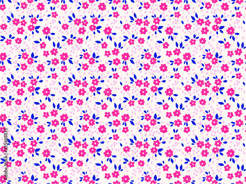 Trendy seamless vector floral pattern. Endless print made of small pink flowers and leaves. Summer and spring motifs. White background.Vector illustration.