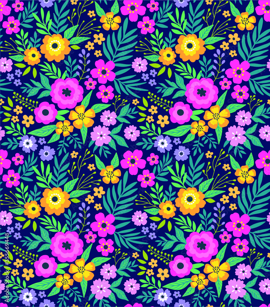 Amazing seamless floral pattern with bright colorful flowers and leaves on a dark blue background. The elegant the template for fashion prints. Modern floral background. Folk style.