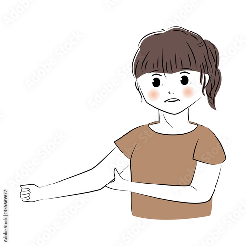 二の腕を気にする女性のイラスト　(上半身)