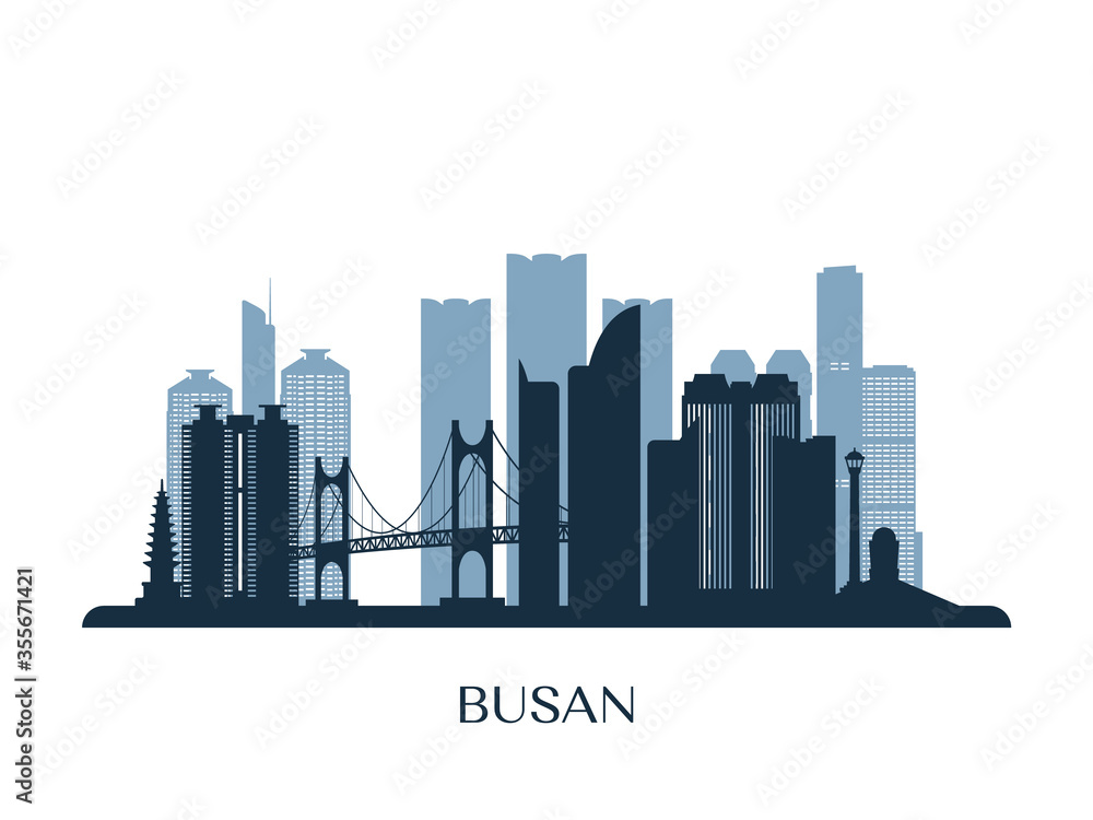 Busan skyline, monochrome silhouette. Vector illustration.