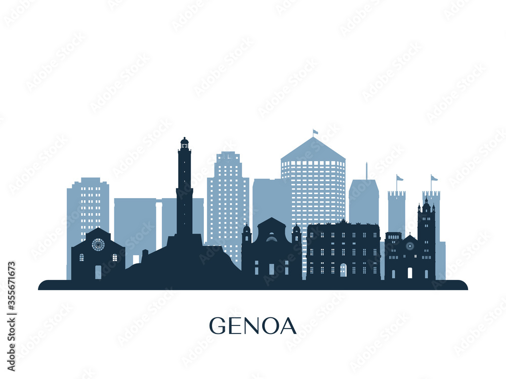 Genoa skyline, monochrome silhouette. Vector illustration.