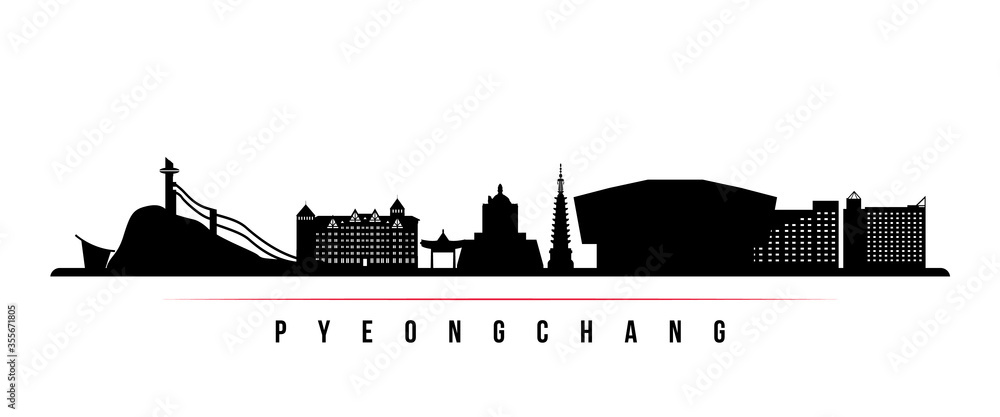 Naklejka premium Pyeongchang skyline horizontal banner. Black and white silhouette of Pyeongchang, South Korea. Vector template for your design.