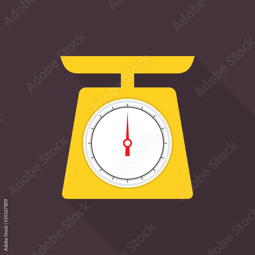 Yellow weighing icon with long shadow on gray background, flat design style