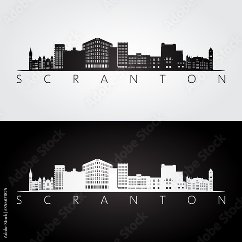 Scranton, Pennsylvania skyline and landmarks silhouette, black and white design, vector illustration.