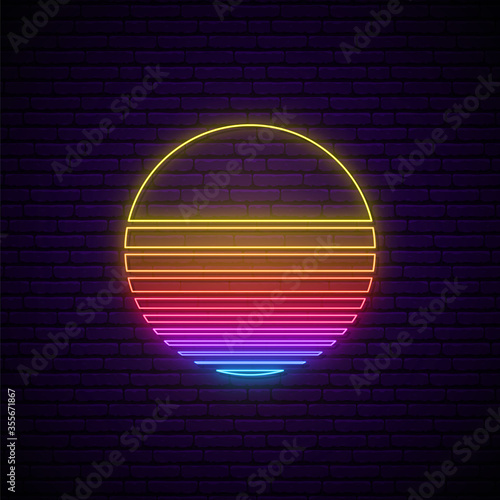 Abstract neon sun sign. 80s retro sunset illustration.  Glowing neon sun icon. Vector futuristic background.