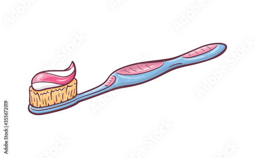 Hand drawn cartoon illustration of  toothbrush with some amount of paste. On white background