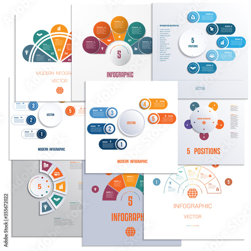 Set 9 universal templates elements Infographics conceptual cyclic processes for 5 positions possible to use for workflow, banner, diagram, web design, timeline, area chart,number options photo
