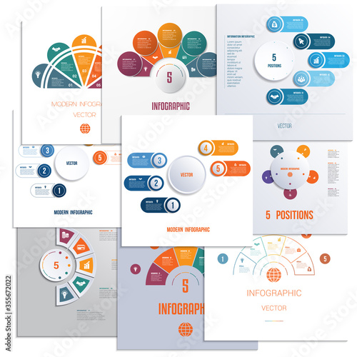 Set 9 universal templates elements Infographics conceptual cyclic processes for 5 positions possible to use for workflow, banner, diagram, web design, timeline, area chart,number options