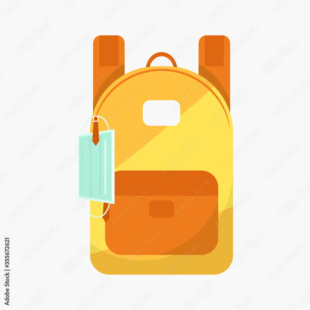 A medical mask is hanging on a school backpack. School backpack with additional personal protection for children. Back to school. Vector illustration. A medical mask is hanging on a school backpack. School backpack with additional personal protection for children. Back to school. Vector illustration.