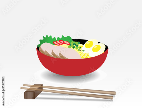 Japanese ramen noodles soup with porks, eggs, chili and chives in bowl, chopsticks aside . Isolated in gradient white background. Side view. Vector Illustration.