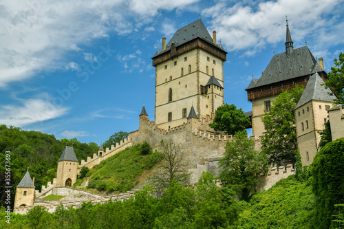 Overall look on historic Karlstejn castle in Karlstejn village, Czech Republic