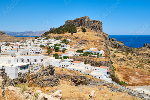 Lindos village with the Acropolis on the hill. Rhodes, island, Greece