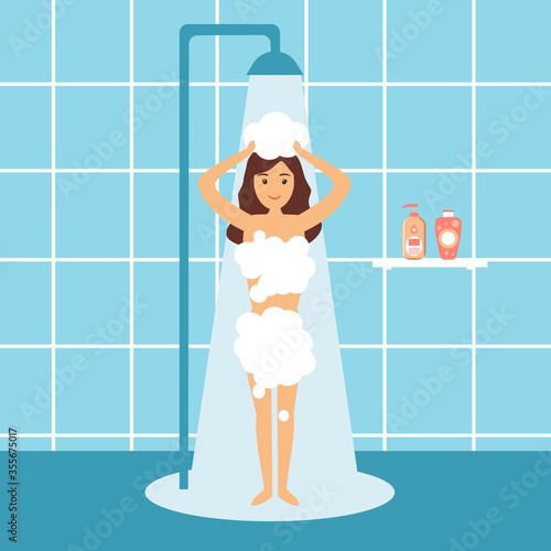 Woman taking shower and washing hair in bathroom concept vector illustration. Daily routine activity of woman in flat design.
