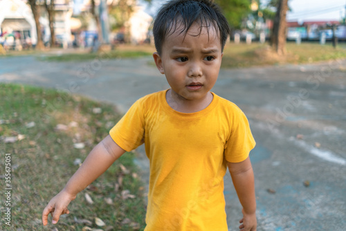 portrait of a little boy Walking and crying alone in public park