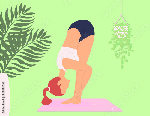 A young woman does gymnastics or yoga at home. Vector, flat cartoon. Concept: healthy lifestyle, youth and beauty, flexibility, weight loss, quarantine classes, self-isolation.