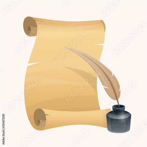 Old paper scroll with inkwell and quill pen.