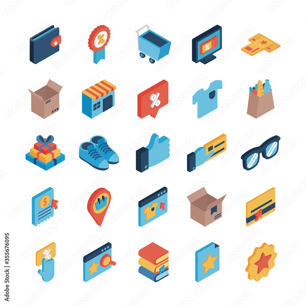 Shopping online isometric style icon set vector design Shopping online isometric style icon set vector design