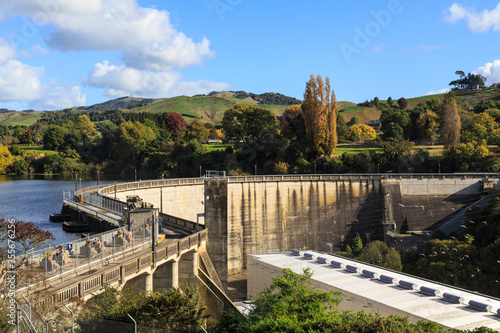 The Karapiro Dam on the Waikato River, New Zealand, built in the 1940s. Cars can drive across it using the public road on top