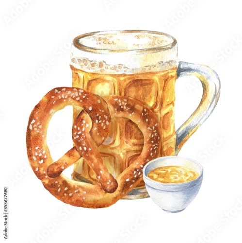 Fotografie, Obraz Hand drawn watercolor mug of beer with pretzel isolated on white background