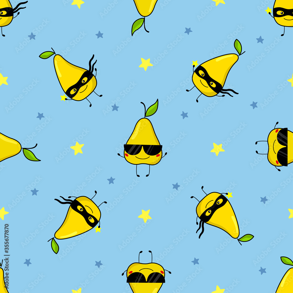 Pattern of funny pears with sunglasses and masks of superheroes. Seamless vector childish illustration. Smiling fruits. For fabric, textile, decorative wrapping paper.