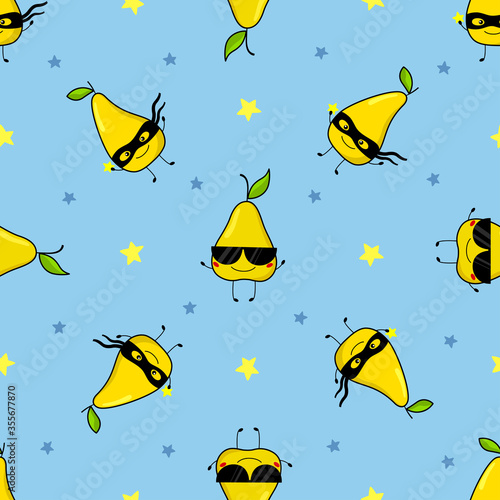 Pattern of funny pears with sunglasses and masks of superheroes. Seamless vector childish illustration. Smiling fruits. For fabric, textile, decorative wrapping paper.
