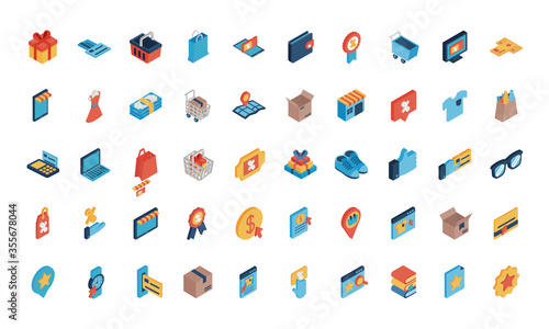 Shopping online isometric style icon set vector design