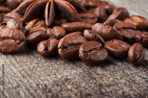 coffee beans close up on a wooden background