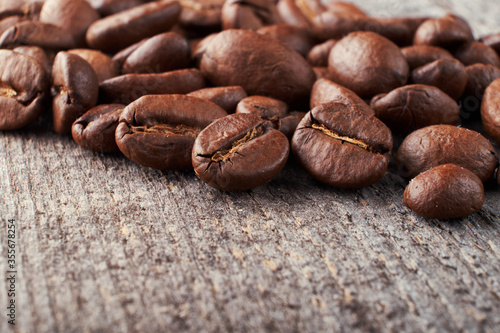 coffee beans close up on a wooden background