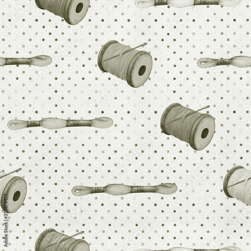 Hand drawn sewing threads, seamless pattern. Black and white design, dotted background.